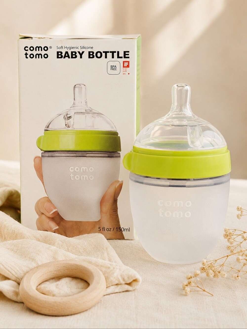 NEW Comotomo 5 oz 150mL Baby Bottle Green Silicone Anti-Colic Slow Flow NIB